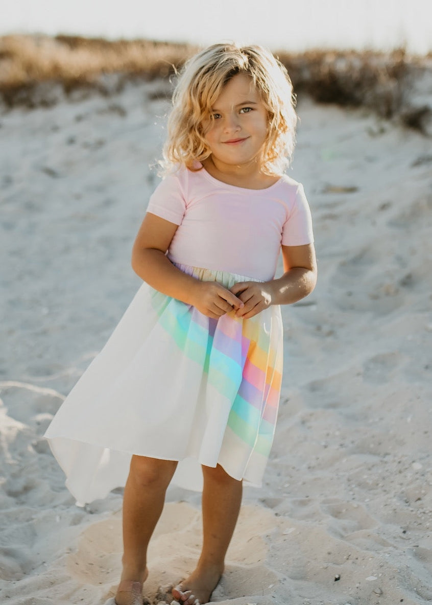 Kids Hi Lo Spring Dress - Light Pink Pastel Rainbow