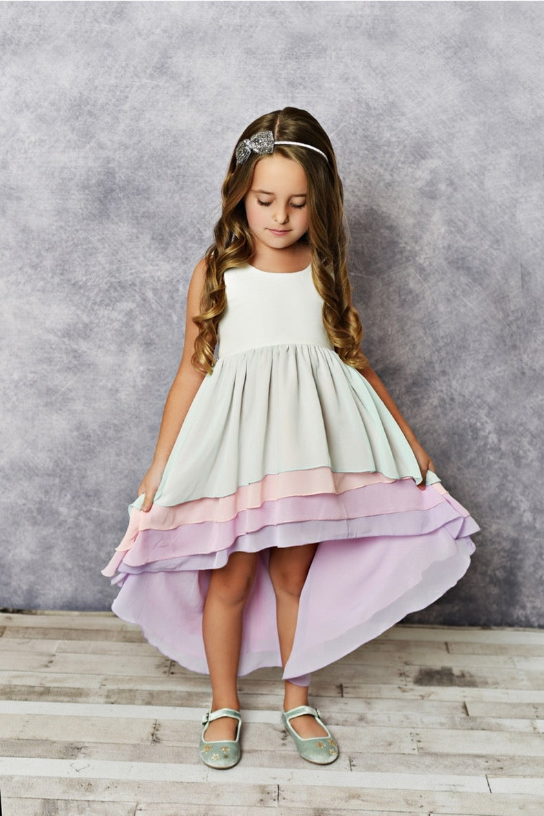 Kids Hi-Lo Frills Ombre Spring Summer Tiered Dress - Pastel