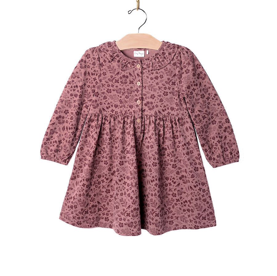 Frill Collar Dress- Plum Birds