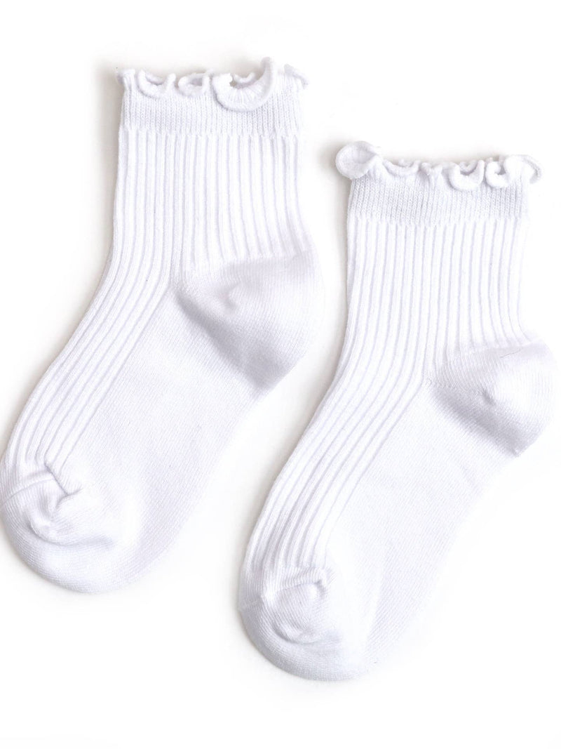 Ribbed Lettuce Trim Midi Socks - White