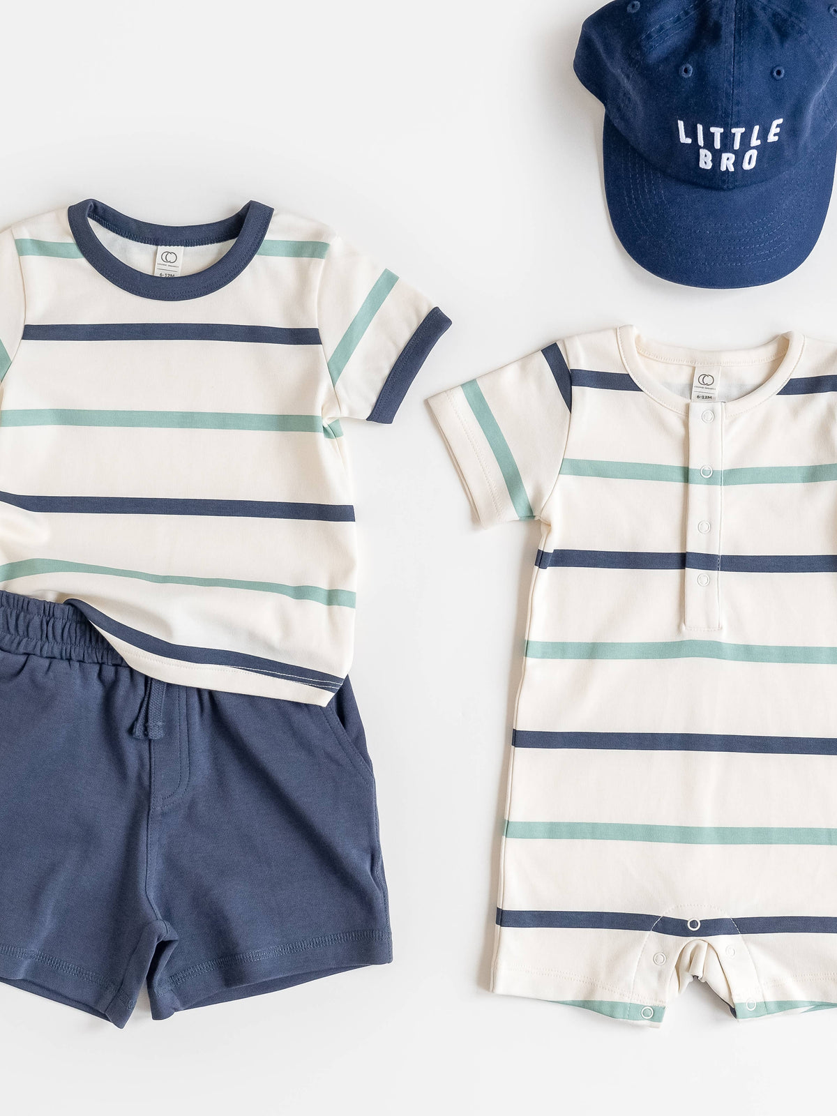 Organic Mason Short Sleeve Romper - Aldo Stripe/Navy + Jade