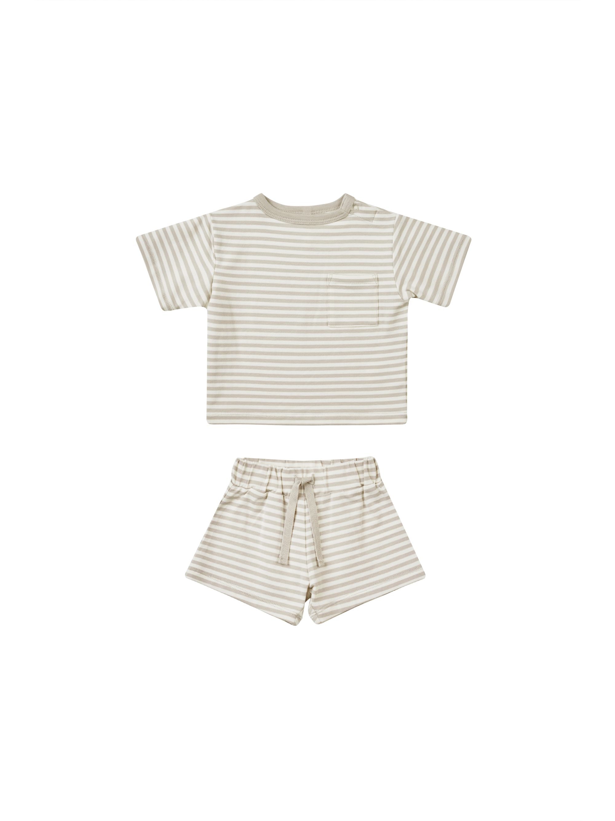 Boxy Pocket Tee + Short Set - Ash Stripe