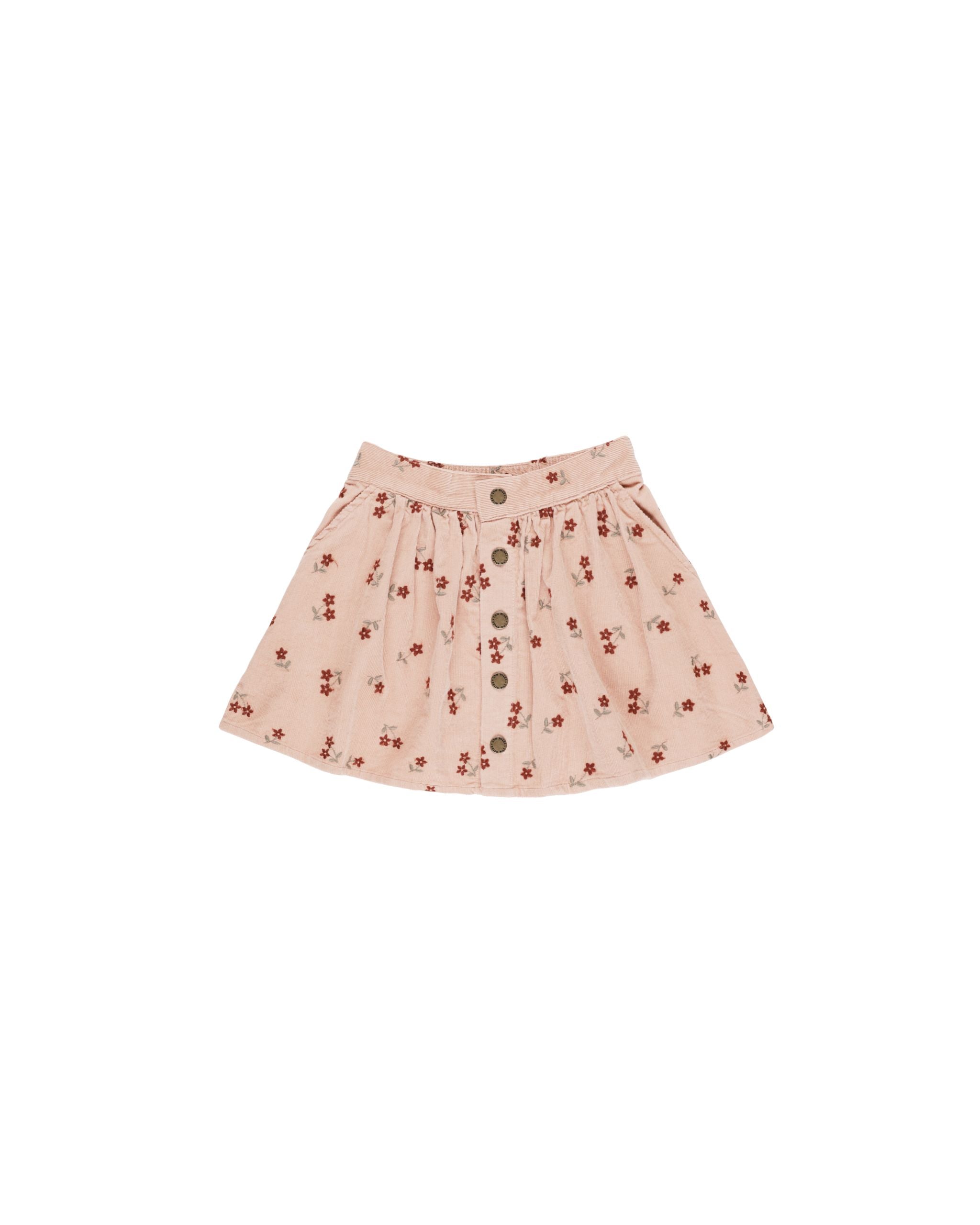 BUTTON FRONT MINI SKIRT || BLOSSOM EMBROIDERY