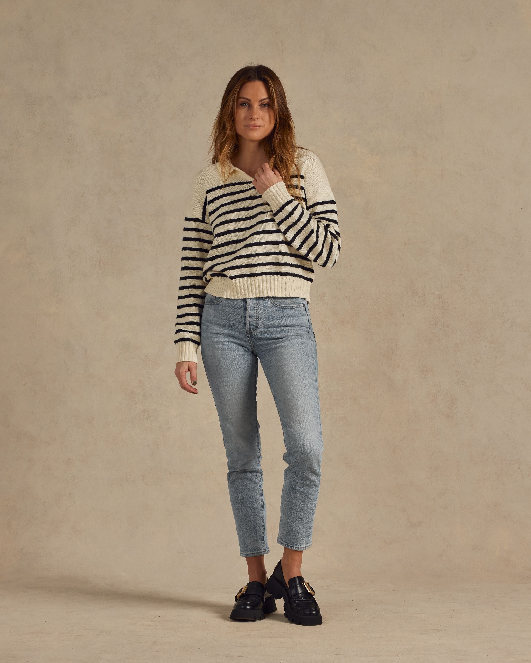 Women's Collared Sweater - Black Stripe