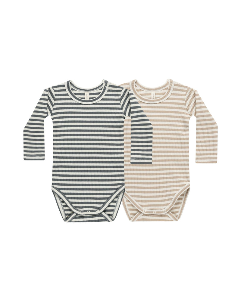 RIBBED BODYSUIT, 2 PACK || INDIGO STRIPE, LATTE STRIPE