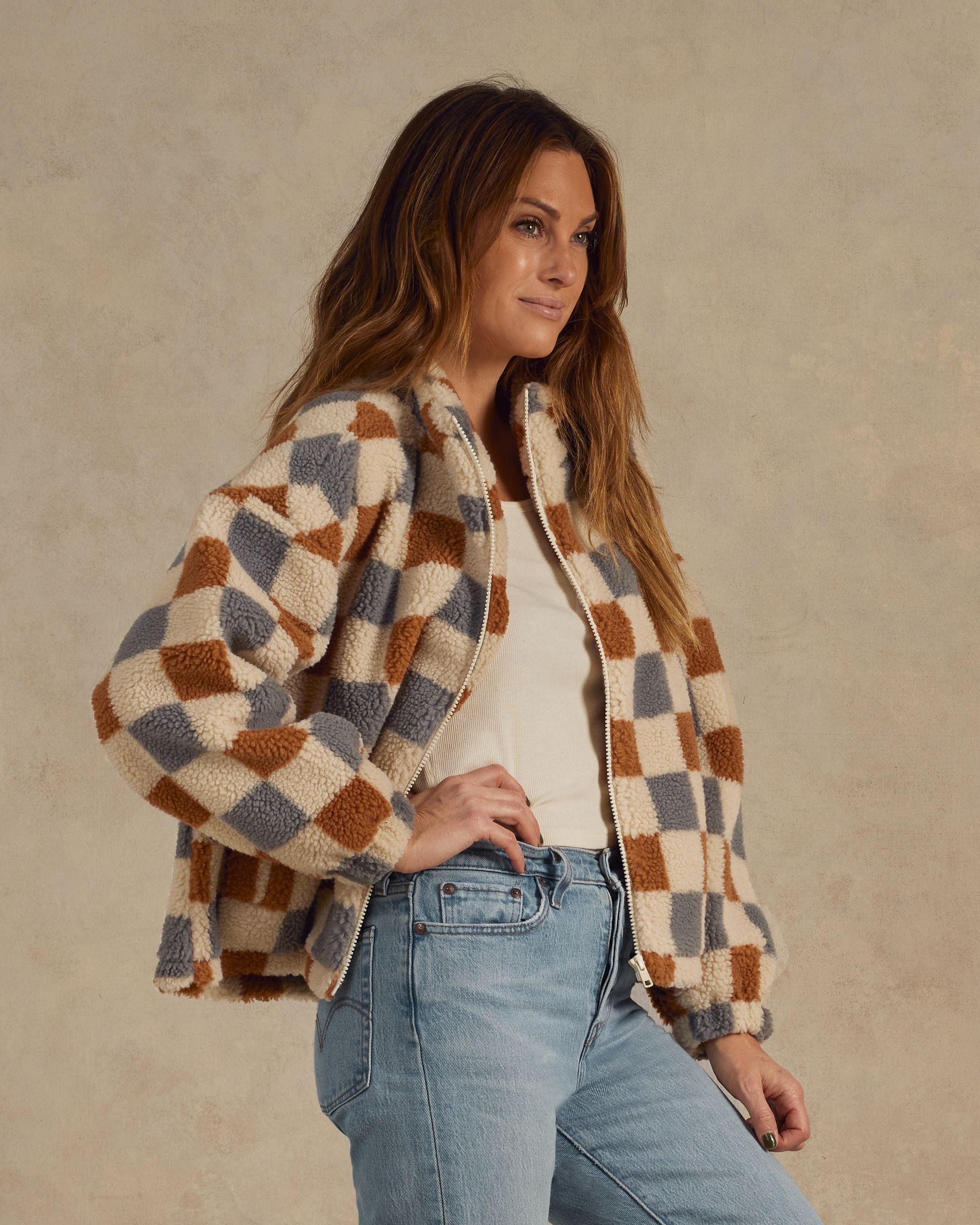 Checkered shearling clearance jacket