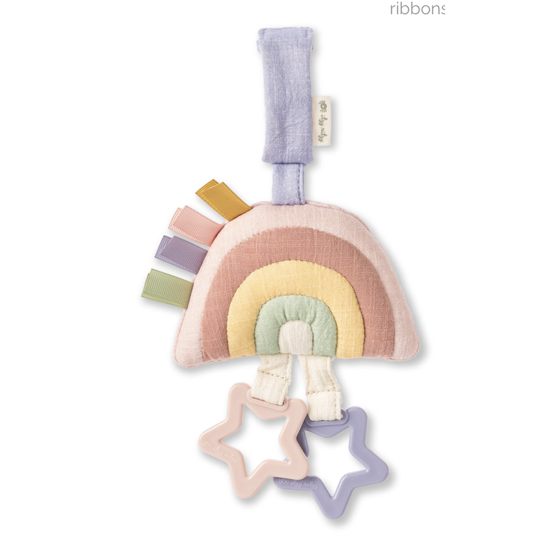 Itzy Ritzy pink rainbow attachable travel toy against white backdrop