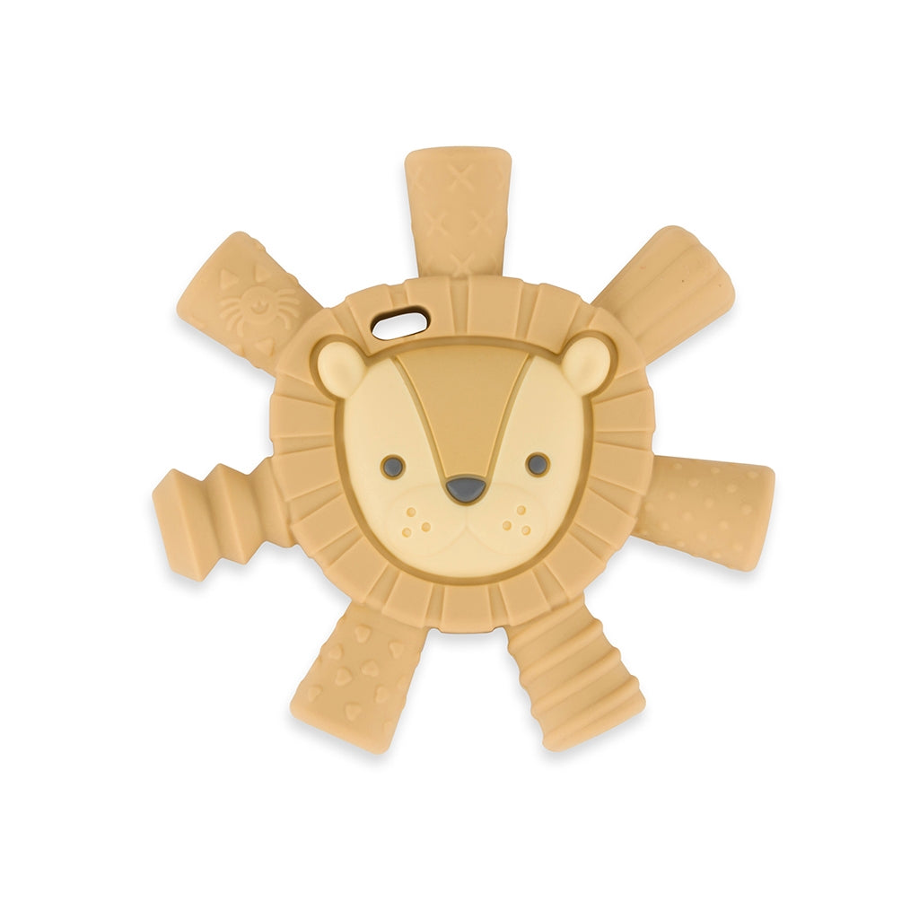 Itzy Ritzy Lion baby molar teether against white backdrop