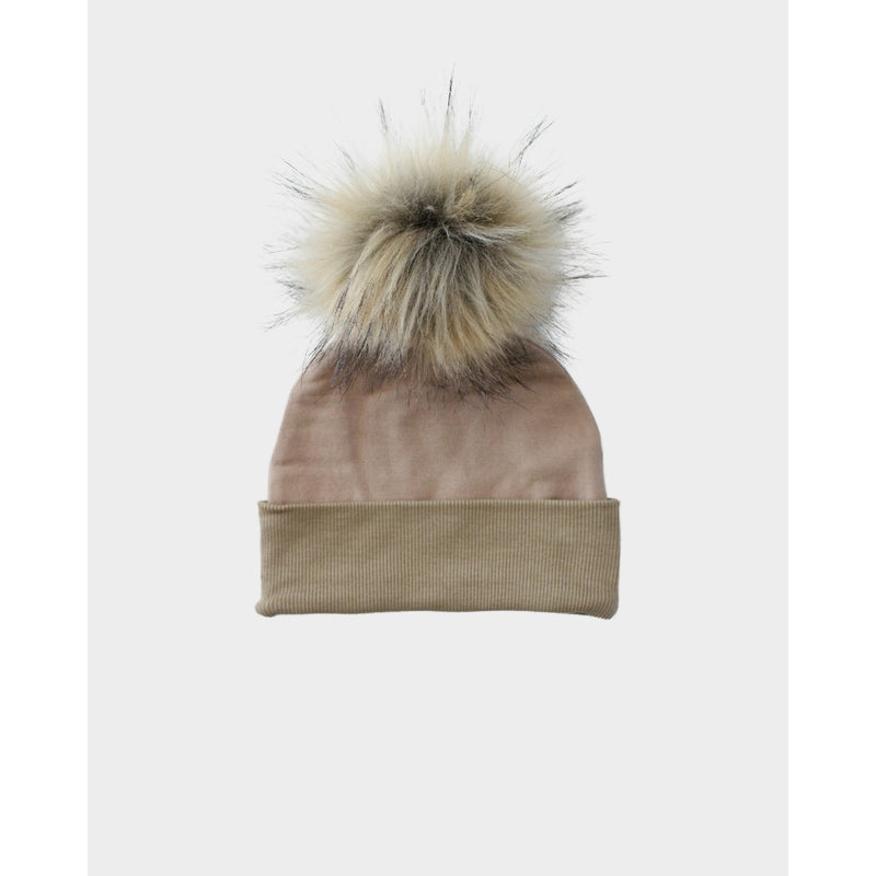 Babysprout taupe pom hats against white backdrop