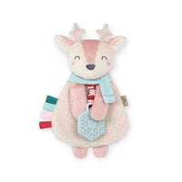 Itzy Ritzy Pink Reindeer lovey plush animal and teether toy against white backdrop