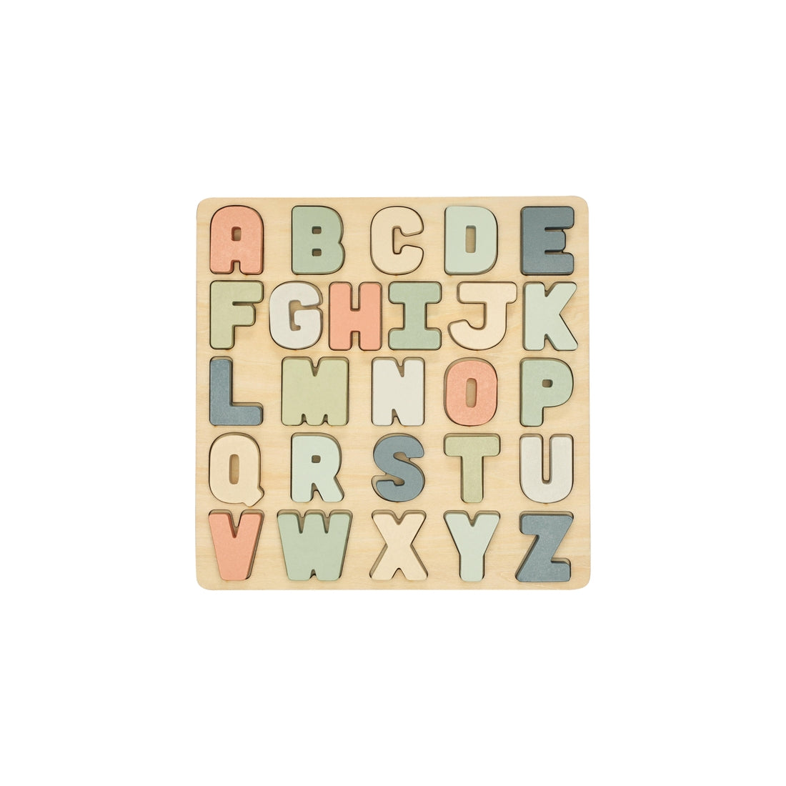 Pearhead wooden alphabet puzzle against white backdrop