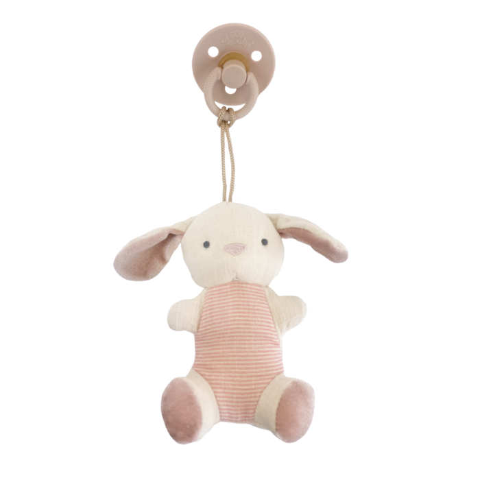 Itzy Ritzy Bunny Bitzy Pals Natural rubber pacifier and stuffed animal against white backdrop