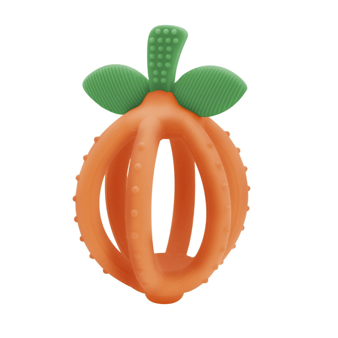 Itzy Ritzy clementine teething ball against white backdrop