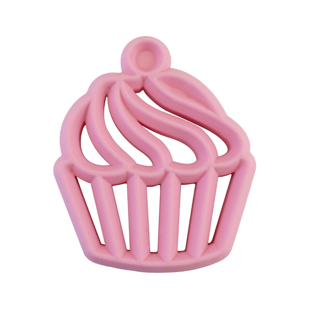 Itzy Ritzy cupcake silicone teether against white backdrop