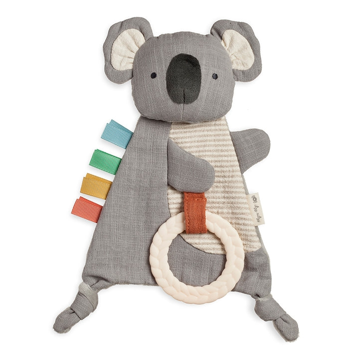 Itzy Ritzy koala bitzy crinkle sensory toy with teether against white backdrop