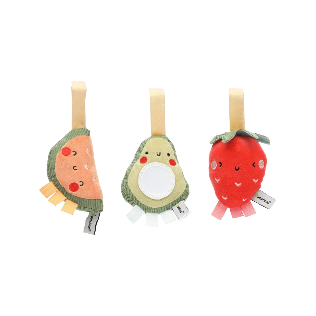 Pearhead fruit stroller toy set of 3 against white backdrop
