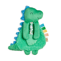 Itzy Ritzy Green dino plush with silicone teether against white backdrop