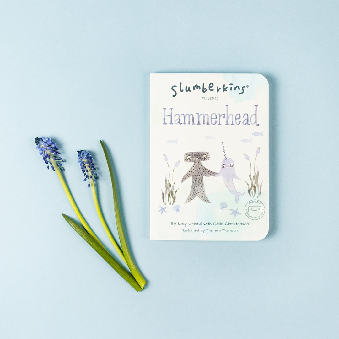 Slumberkins hammerhead board book against white backdropga