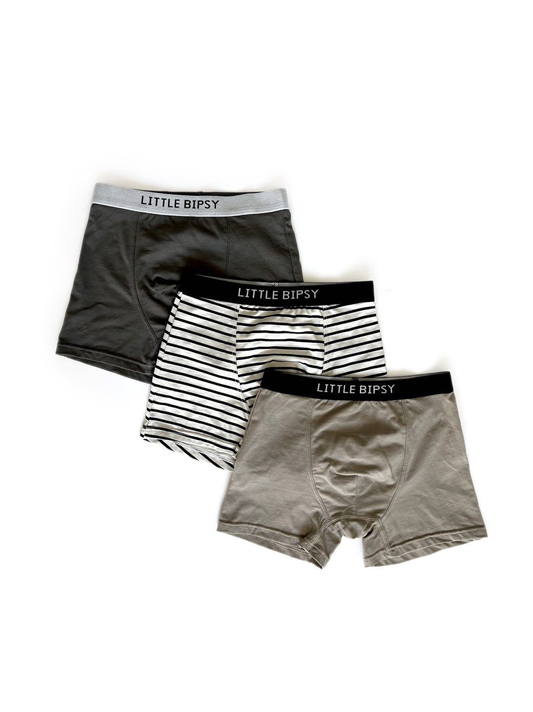 Little Bipsy Pewter Mix boxer brief 3 pack against white backdrop