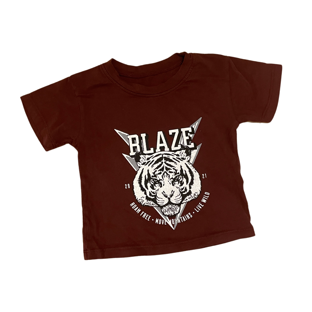 Blaze Kids wear legacy tee brave tiger tee in raisin against white backdrop