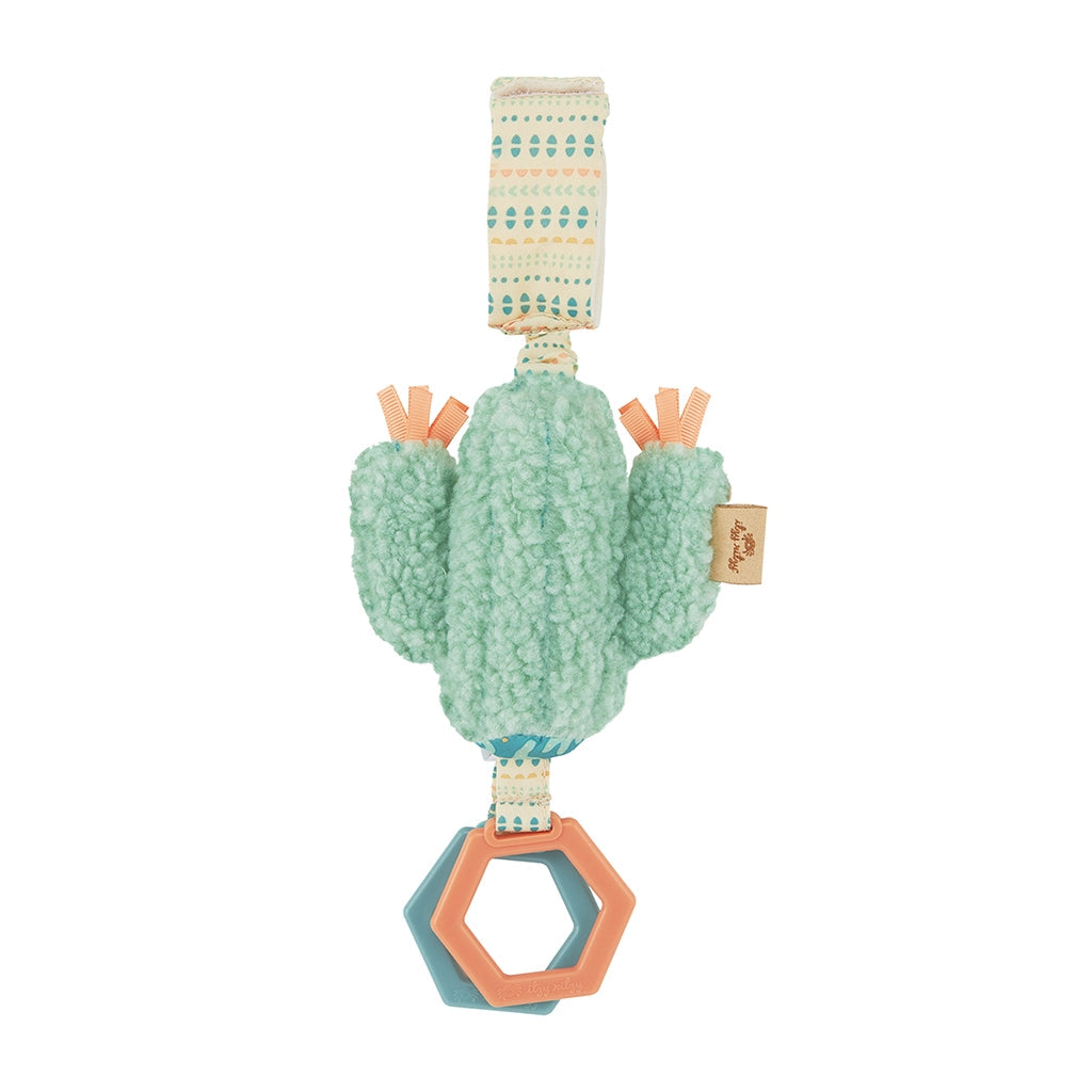 Itzy Ritzy cactus ritzy jingle attachable travel toy against white backdrop