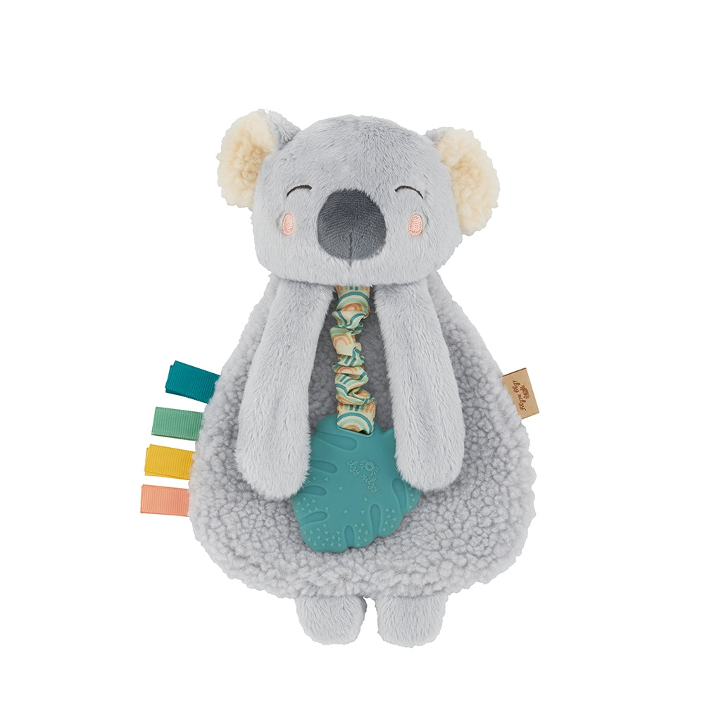 Itzy Ritzy Koala plush with silicone teether against white backdrop