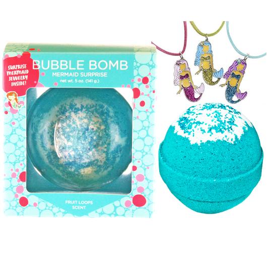 1943 Casablanca LLC Mermaid Surprise Bubble Bath Bomb with Kids Necklace against white backdrop