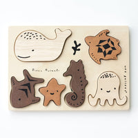 Wee Gallery ocean animals wooden tray puzzle against white backdrop