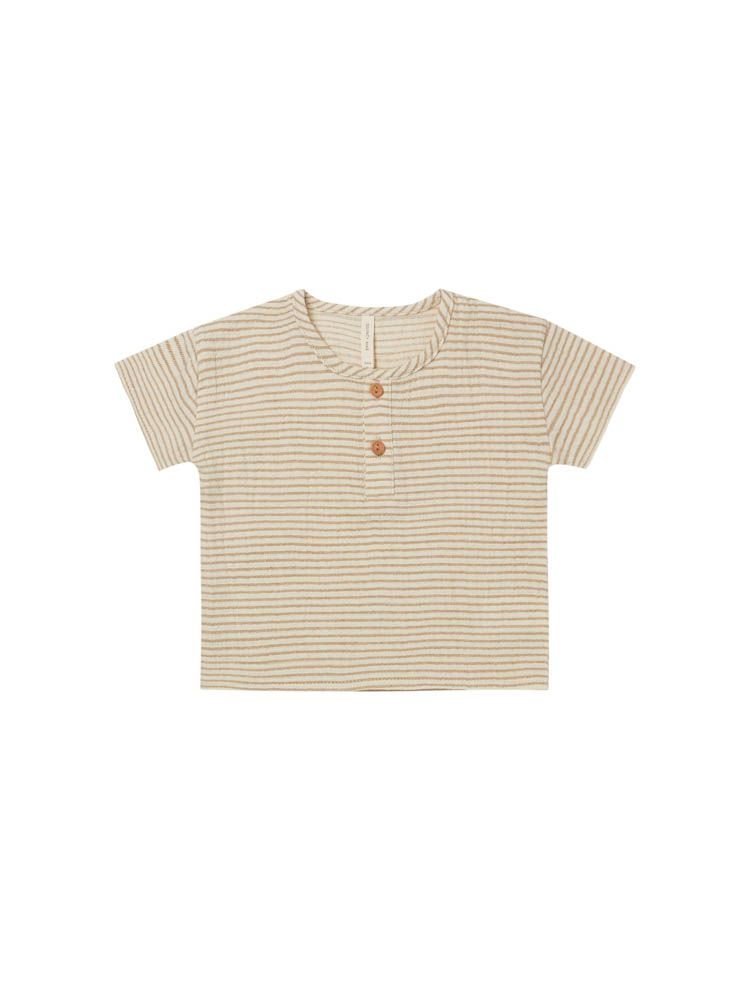 Quincy Mae ocre stripe henry top against white backdrop