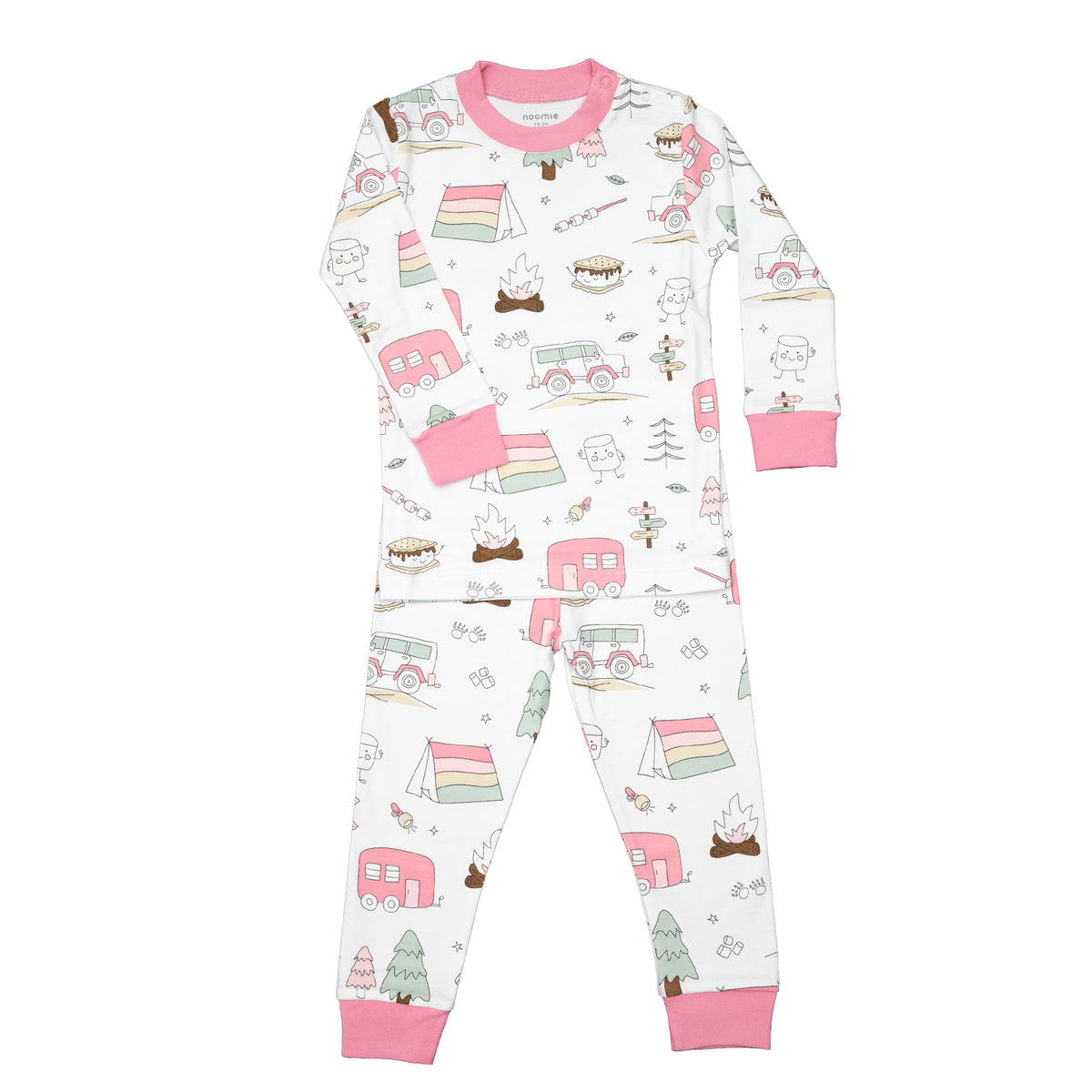 Baby Noomie two piece pink camping pajamas against white backdrop