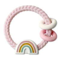 Itzy Ritzy pink rainbow cable ritzy rattle against white backdrop