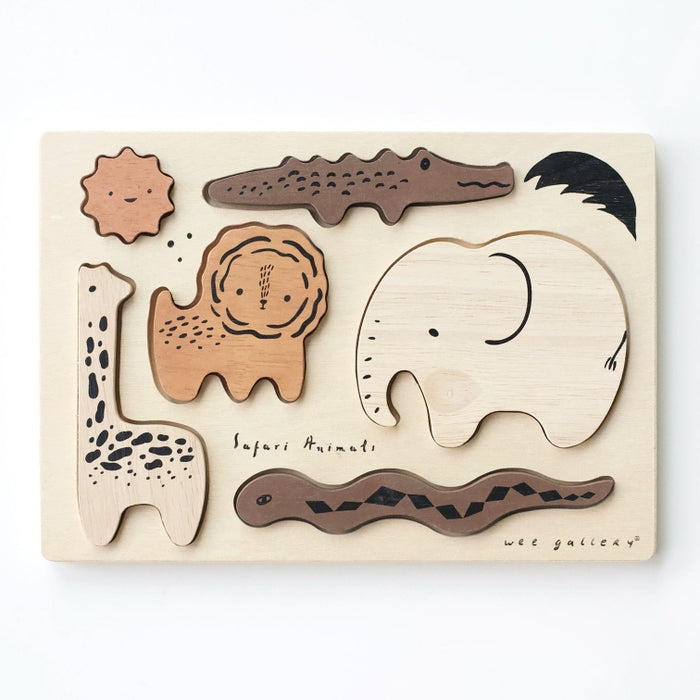 Wee Gallery safari animals wooden tray puzzle against white backdrop