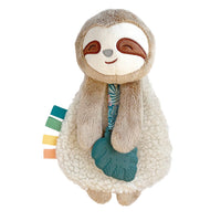 Itzy Ritzy sloth plush with silicone teether against white backdrop
