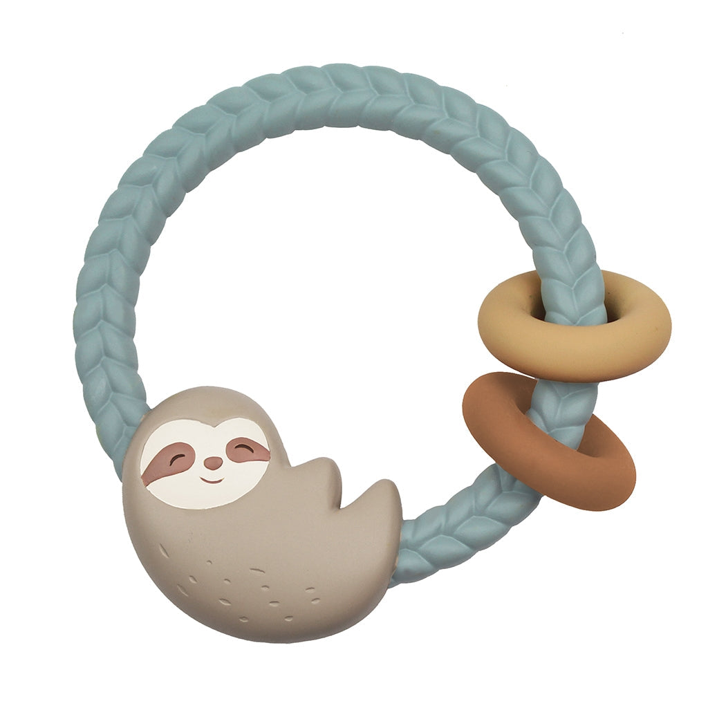 Itzy Ritzy sloth cable ritzy rattle against white backdrop