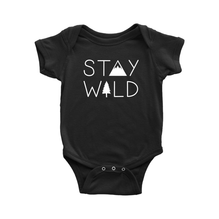The Northwest store black stay wild baby bodysuit against white backdrop