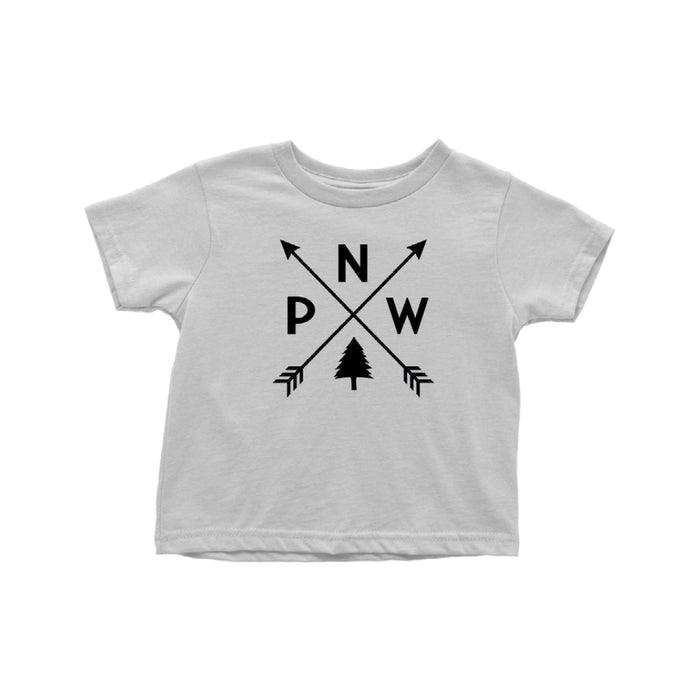 The Northwest Store white PNW arrows toddler t-shirt against white backdrop