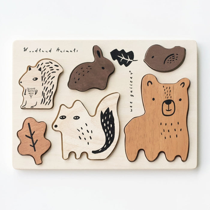 Wee Gallery woodland animals wooden tray puzzle against white backdrop