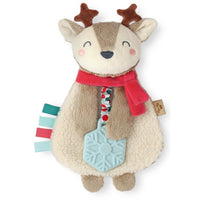 Itzy Ritzy Reindeer lovey plush animal and teether toy against white backdrop