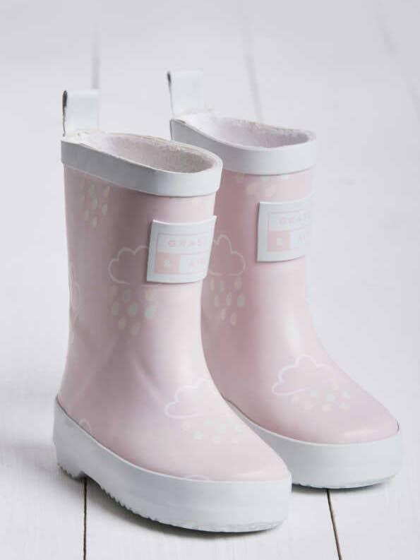 Glass and Air baby pink color changing rainboots against white backdrop