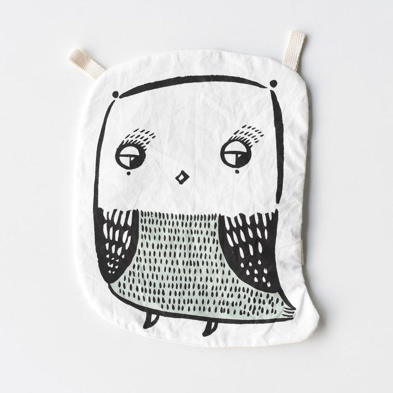 Wee Gallery owl crinkle toy against white backdrop