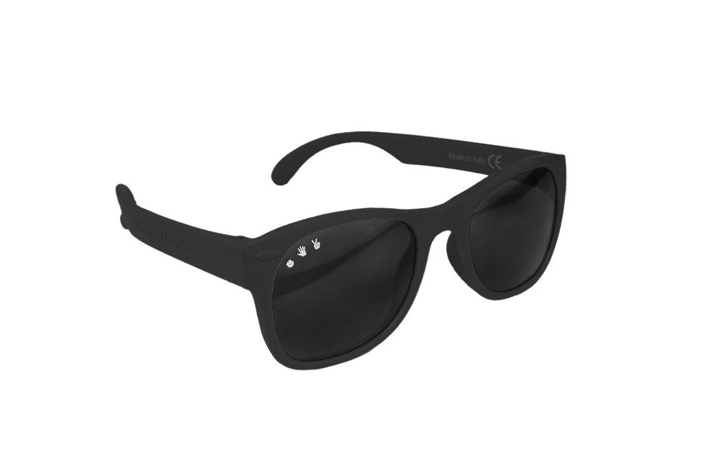 Roshambo Baby black sun glasses with black lens against white backdrop