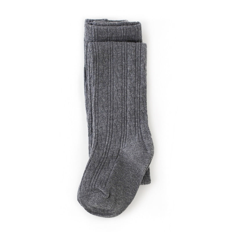 Little Stocking Co. Charcoal Gray Cable knit tights against white backdrop