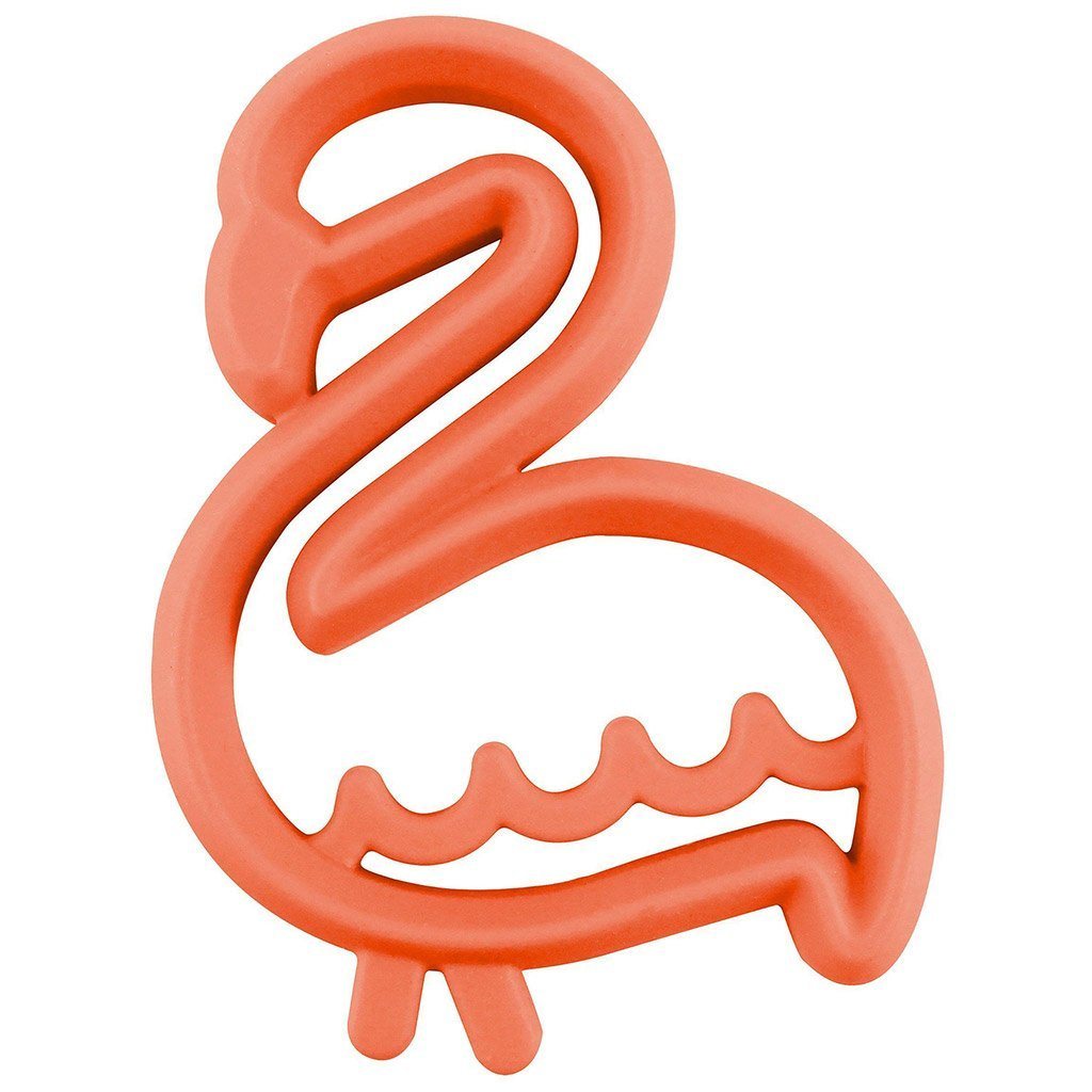 Itzy Ritzy flamingo silicone teether against white backdrop