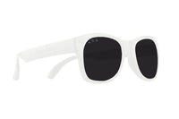 Roshambo Baby white sun glasses with black lens against white backdrop