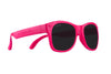Roshambo Baby pink sun glasses with black lens against white backdrop